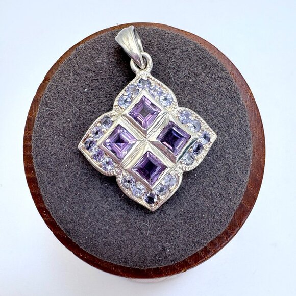 VTG Sterling Silver 925 Amethyst & Blue Cubic Zirconia Pendant Size 1.25" Length - Picture 1 of 10